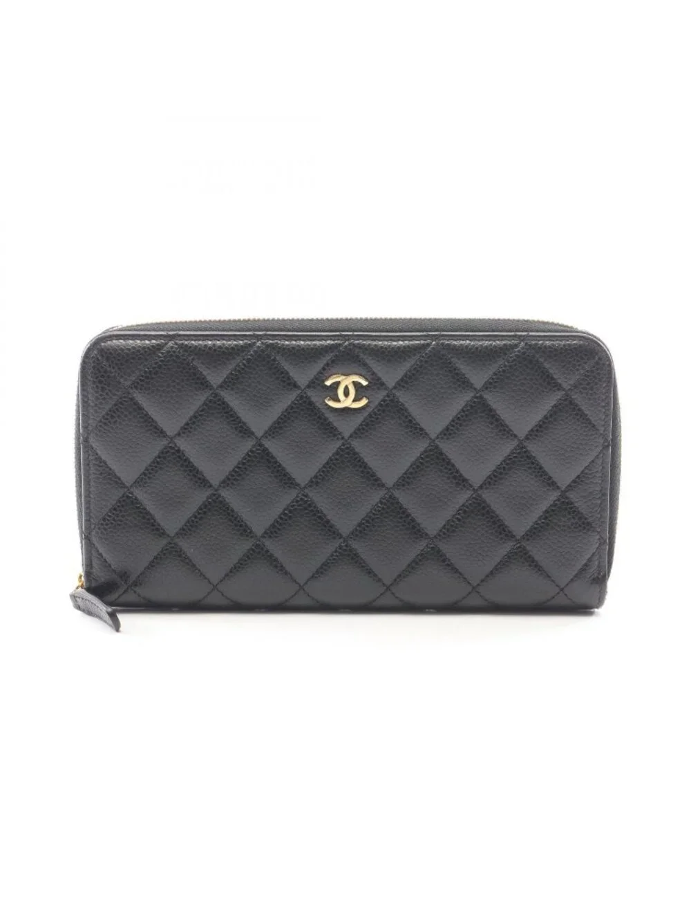 Chanel Round Wallet Classic Long Zip Quilted Black Caviar Leather